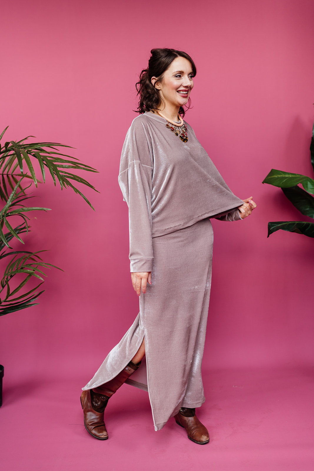 Maxi Velvet Side Split Skirt in Oyster - Megan Crook