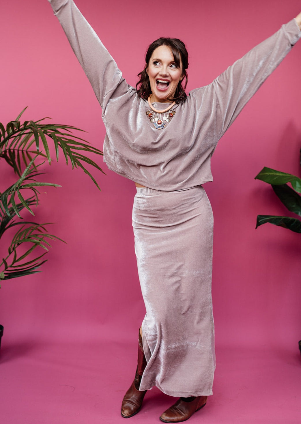 Maxi Velvet Side Split Skirt in Oyster - Megan Crook