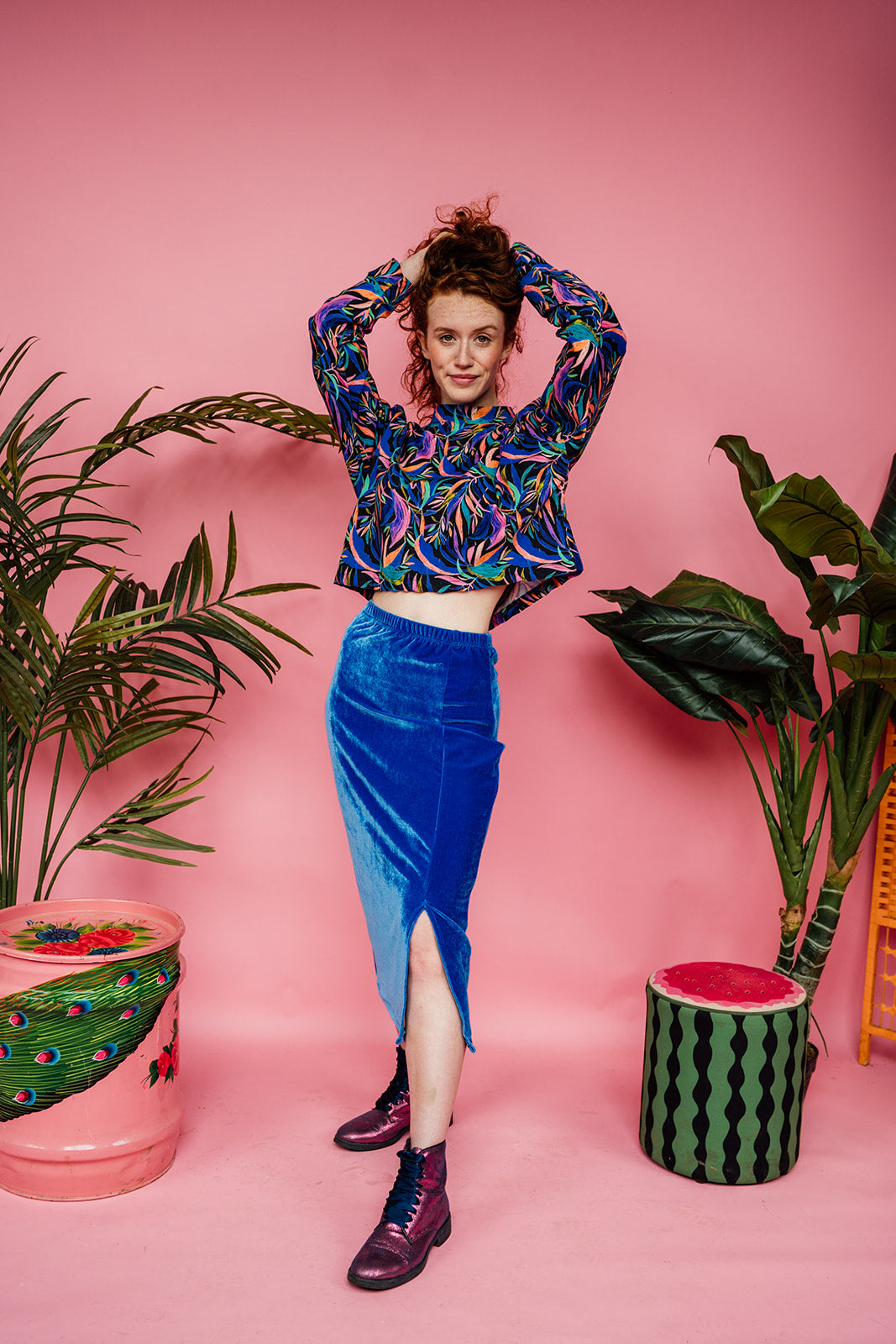 Midi Velvet Split Skirt in Cornflower - Megan Crook