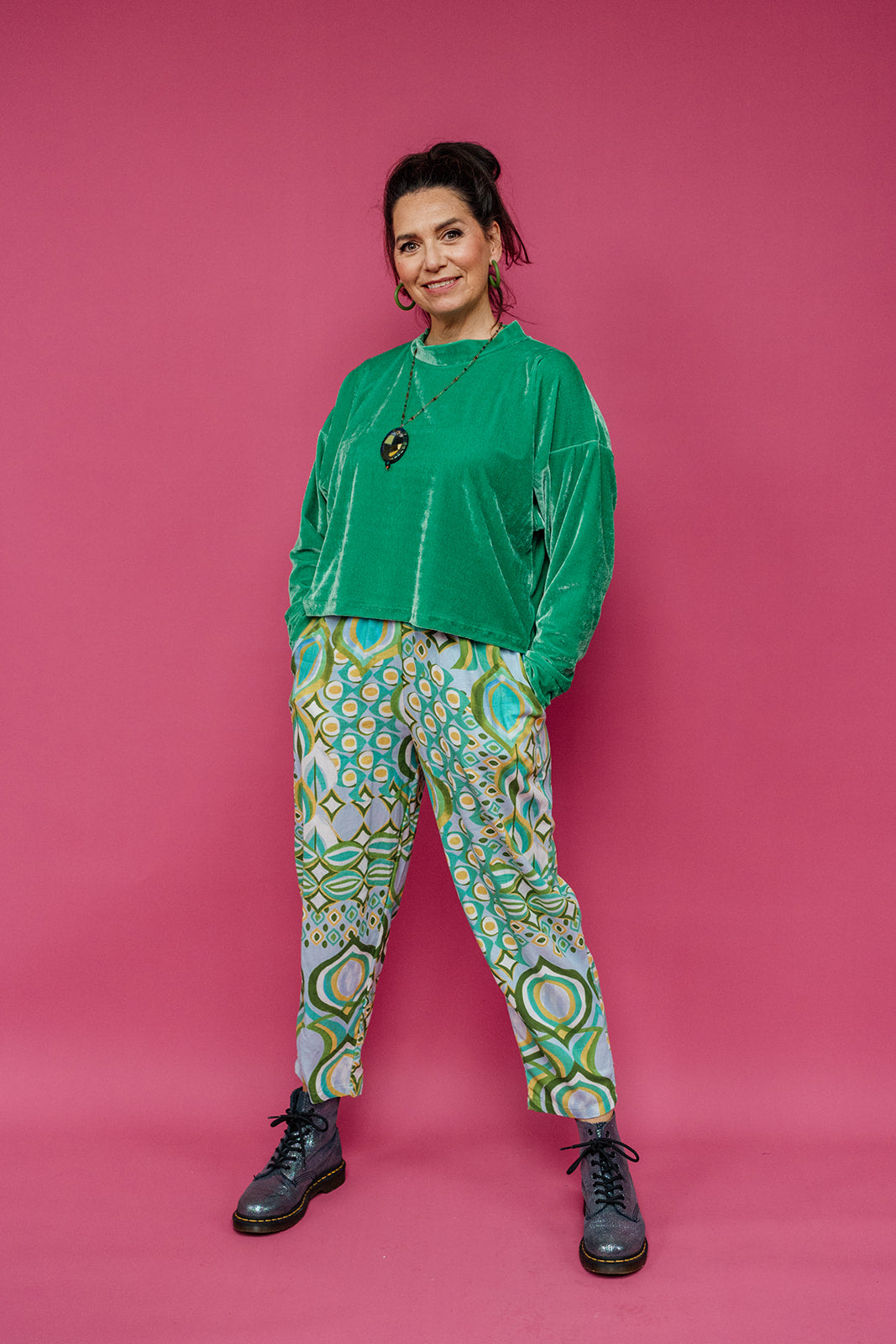 Tapered Trousers in Retro Diamond Jade - Megan Crook