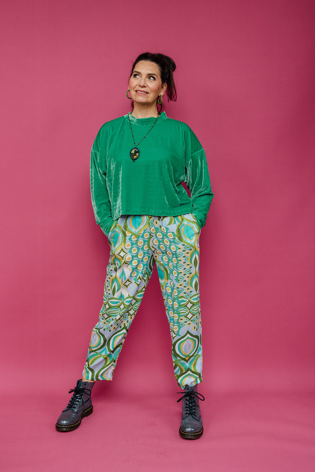 Tapered Trousers in Retro Diamond Jade - Megan Crook