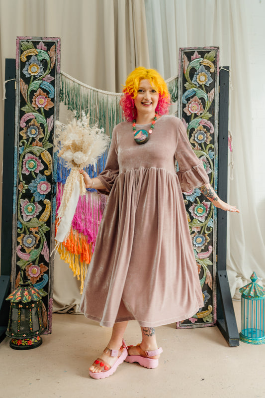Velvet Ruffle Smock Dress in Oyster