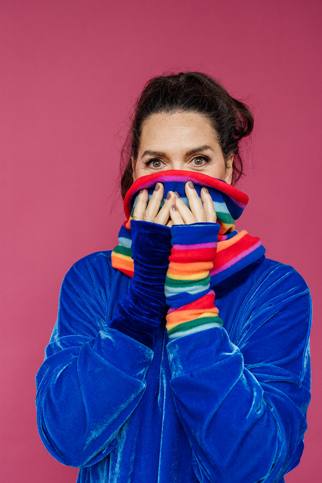 Reversible Fleece & Velvet Snood in Rainbow Stripe