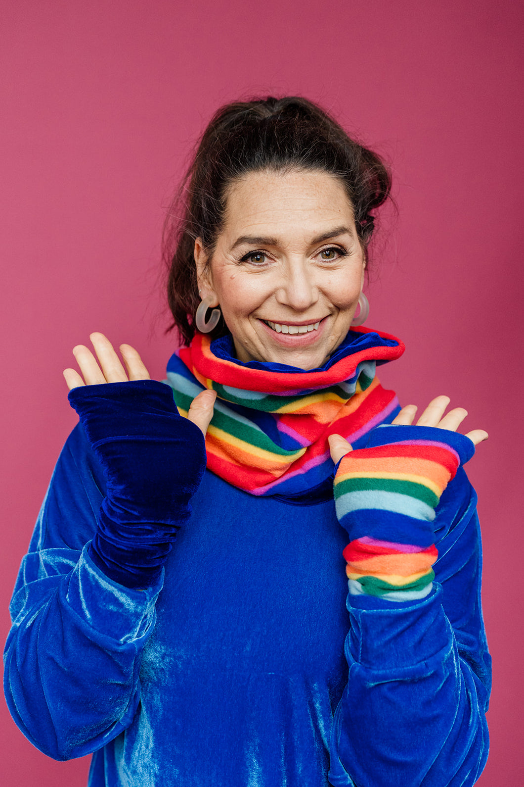 Reversible Fleece & Velvet Snood in Rainbow Stripe