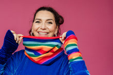 Load image into Gallery viewer, Reversible Fleece &amp; Velvet Snood in Rainbow Stripe