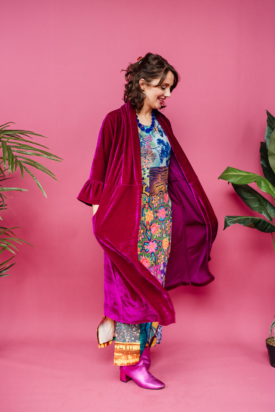 Velvet Ruffle Maxi Cardigan in Cerise