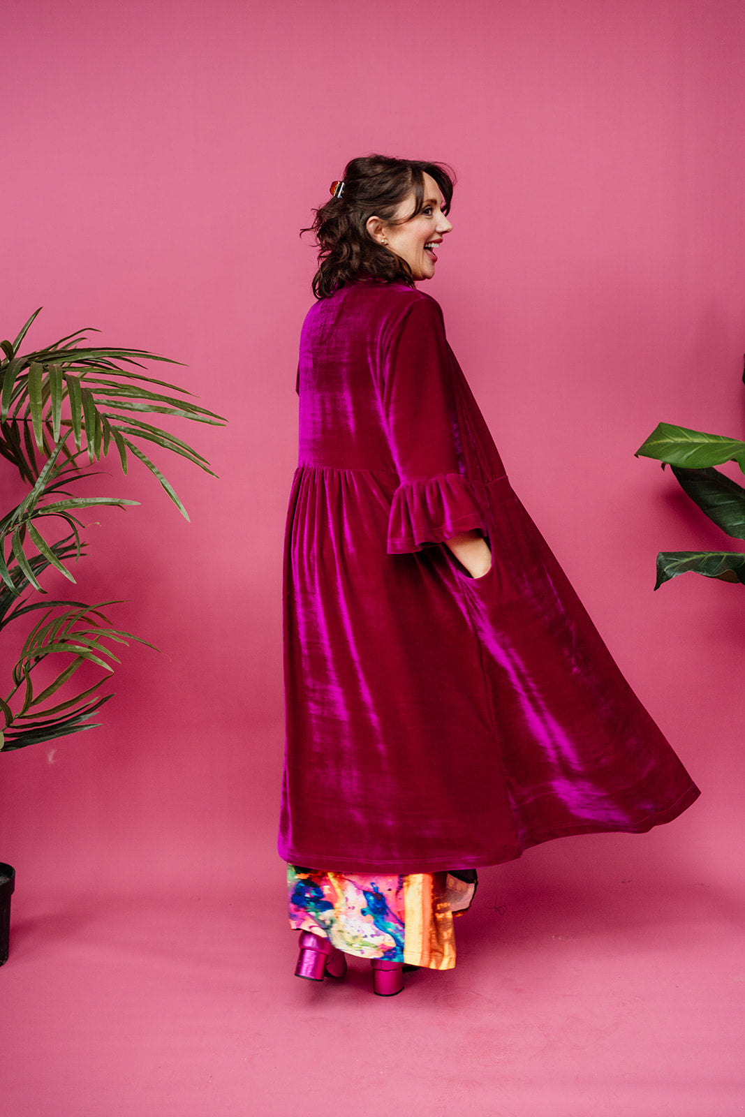 Velvet Ruffle Maxi Cardigan in Cerise