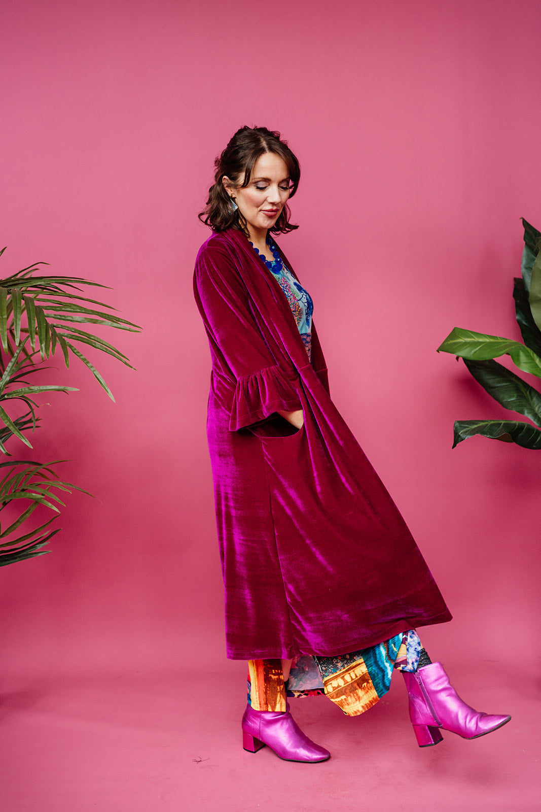 Velvet Ruffle Maxi Cardigan in Cerise