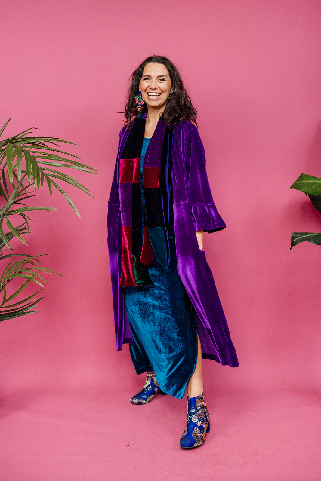 Velvet Ruffle Maxi Cardigan in Purple