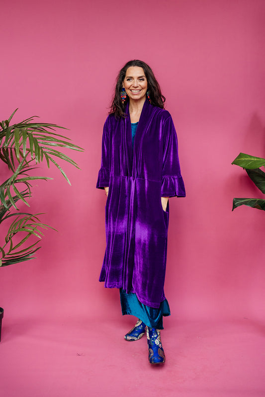 Velvet Ruffle Maxi Cardigan in Purple