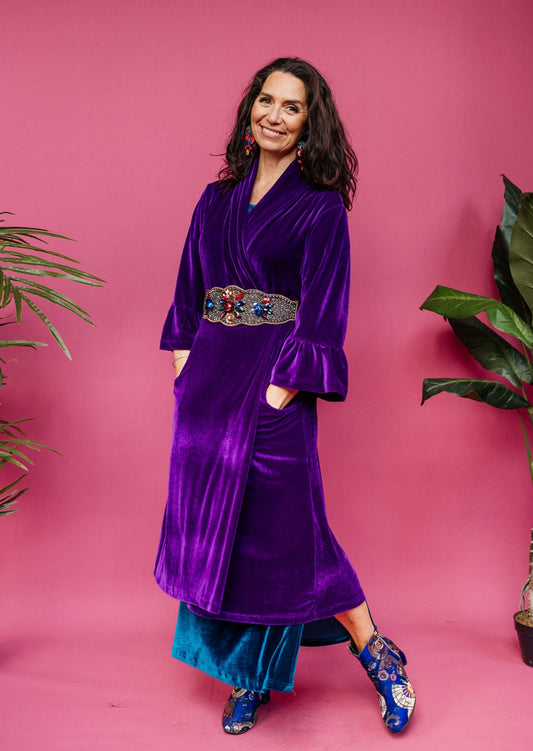 Velvet Ruffle Maxi Cardigan in Purple