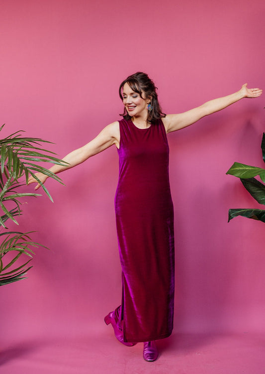 Velvet Maxi Dress in Cerise