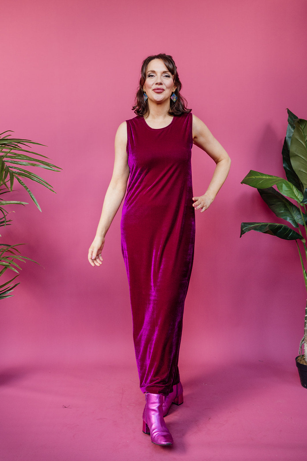 Velvet Maxi Dress in Cerise