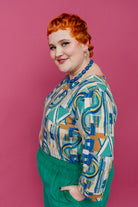 3/4 Sleeve Top in Green Retro Block - Megan Crook