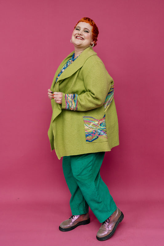 Embellished Short Wool Coat in Lime Green