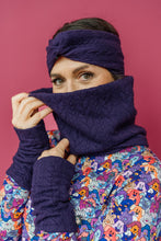 Load image into Gallery viewer, Cable Knit Jersey Cowl and Wrist Warmers Set in Aubergine