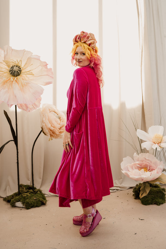 Velvet Maxi Cardigan in Bright Pink