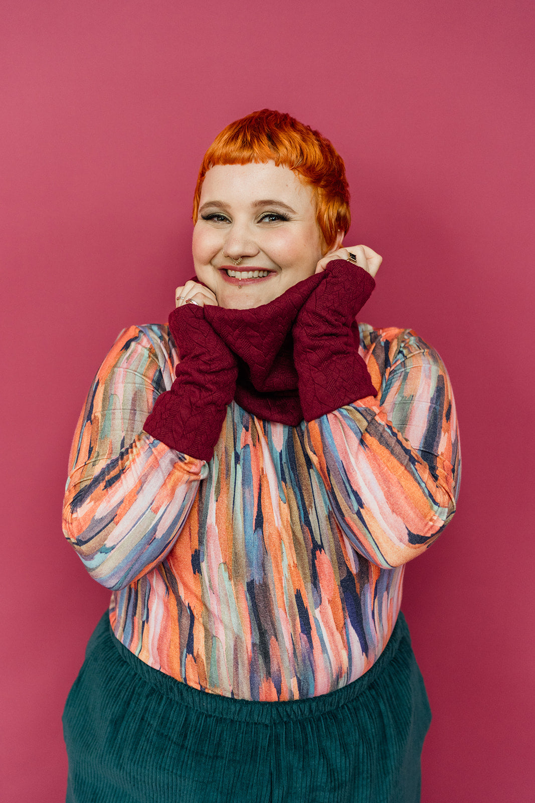 Cable Knit Jersey Cowl and Wrist Warmers Set in Burgundy