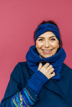 Load image into Gallery viewer, Cable Knit Jersey Cowl and Wrist Warmers Set in Blue