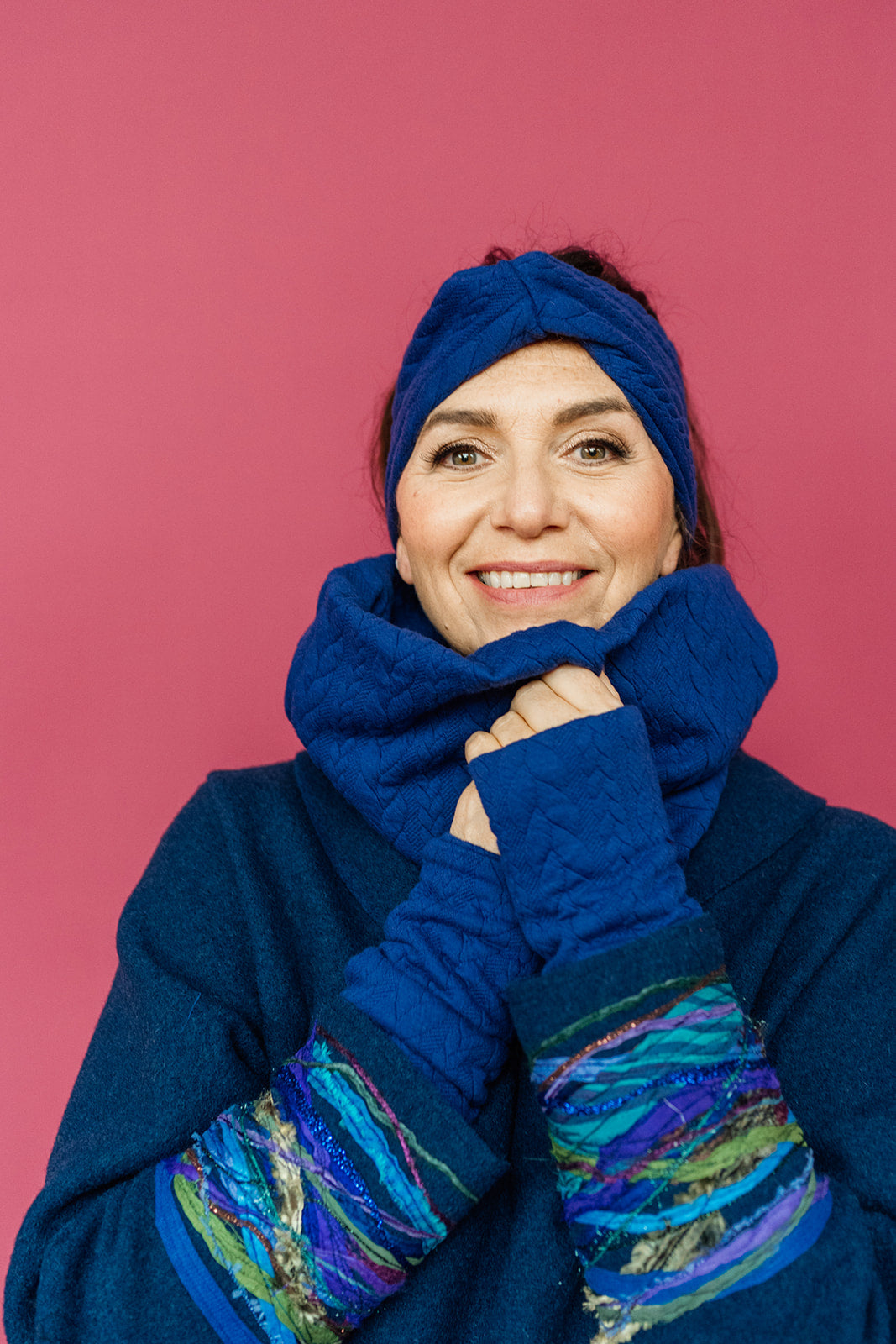 Cable Knit Jersey Cowl and Wrist Warmers Set in Blue