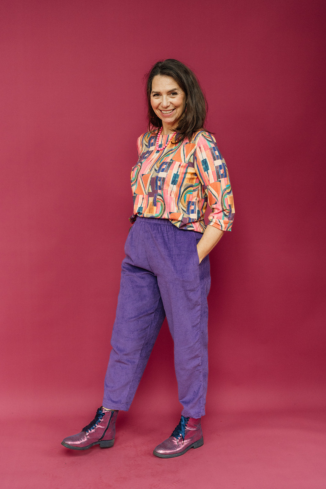 3/4 Sleeve Top in Peach Retro Block - Megan Crook