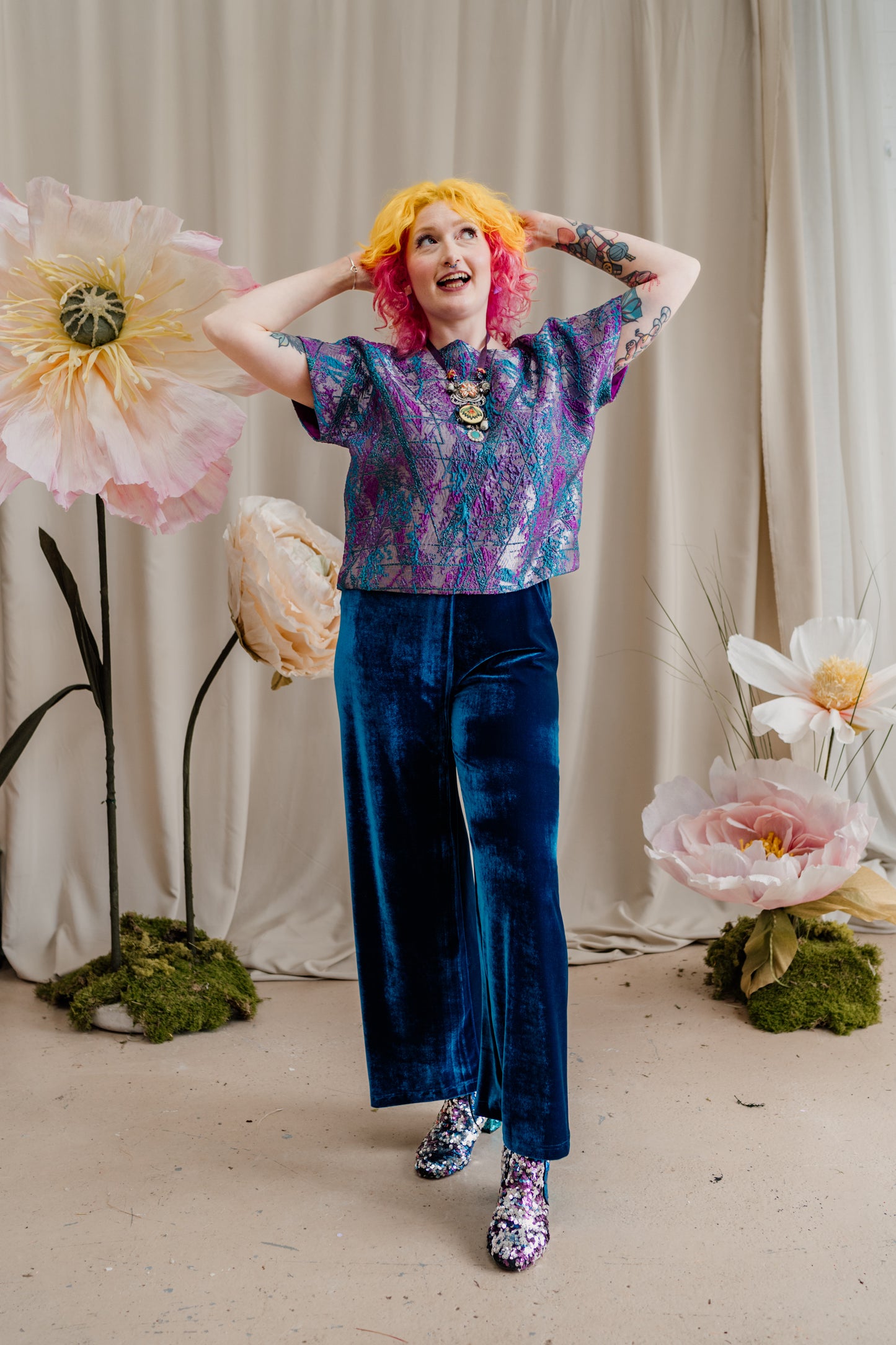 Velvet Straight Leg Trousers in Teal