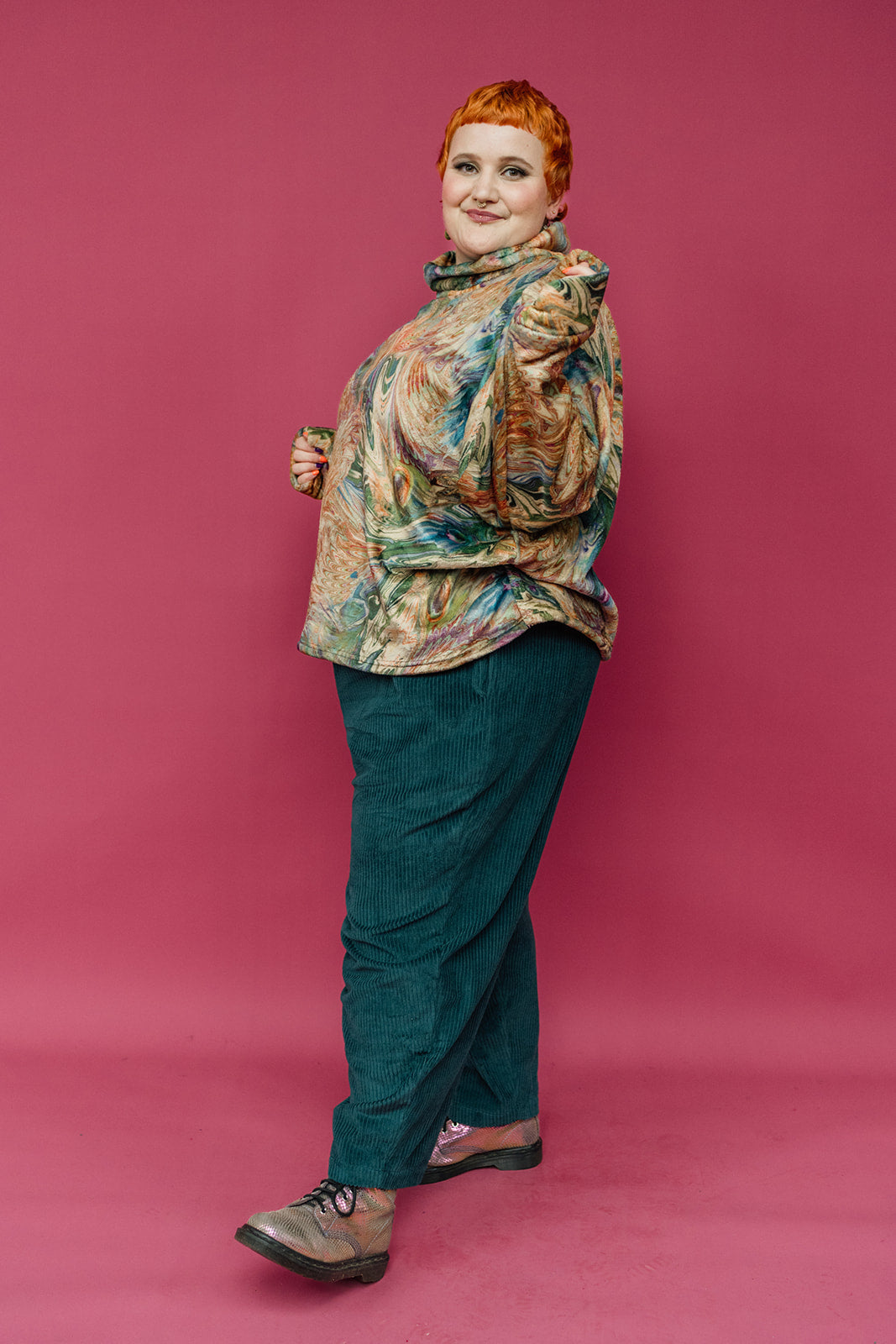 Funnel Neck Pullover in Marble Peacock - Megan Crook