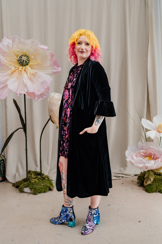 Velvet Ruffle Maxi Cardigan in Black