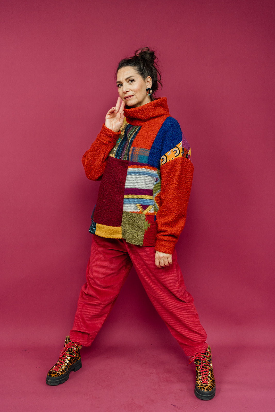 Patchwork Boucle Jumper in Orange + 1 Colour - Megan Crook