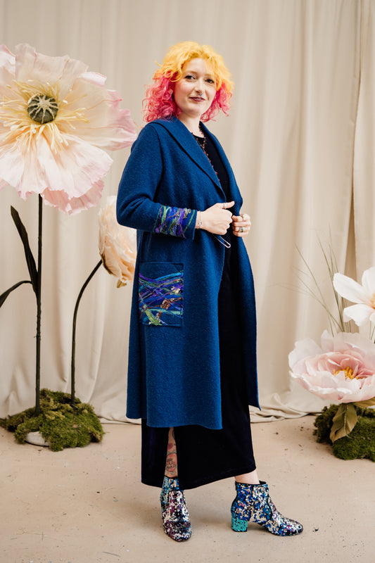 Embellished Long Wool Coat in Dark Blue