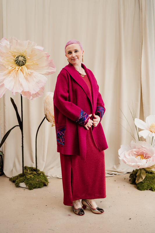 Embellished Short Wool Coat in Cherry