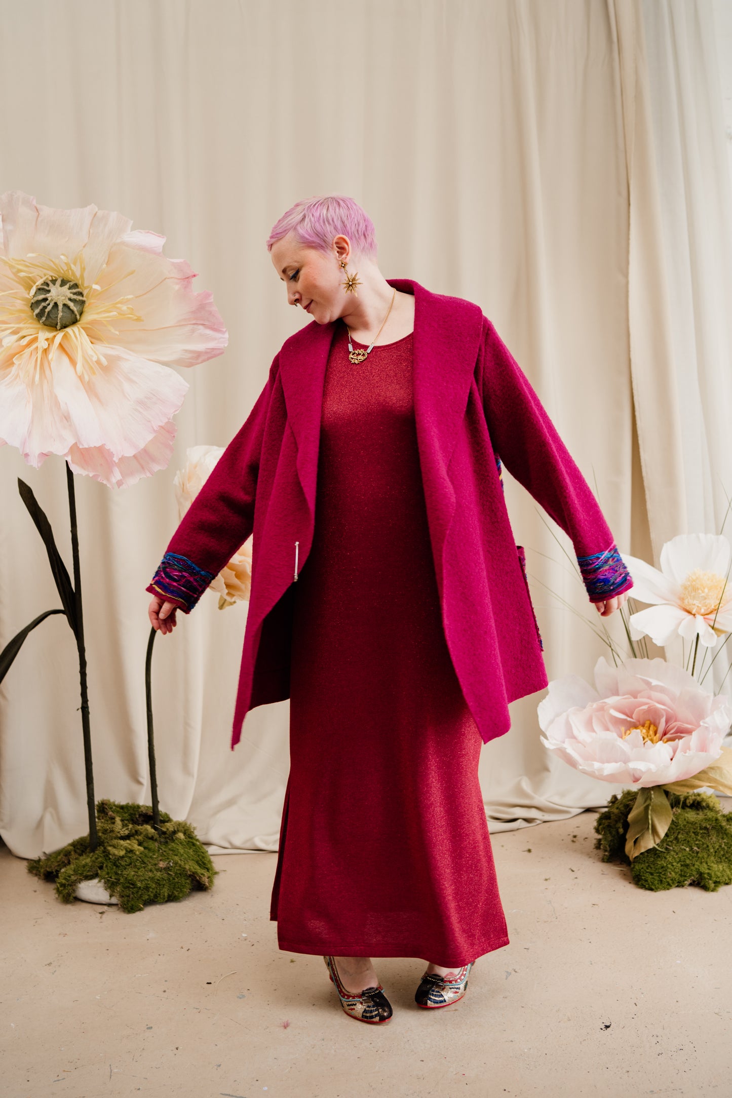 Embellished Short Wool Coat in Cherry