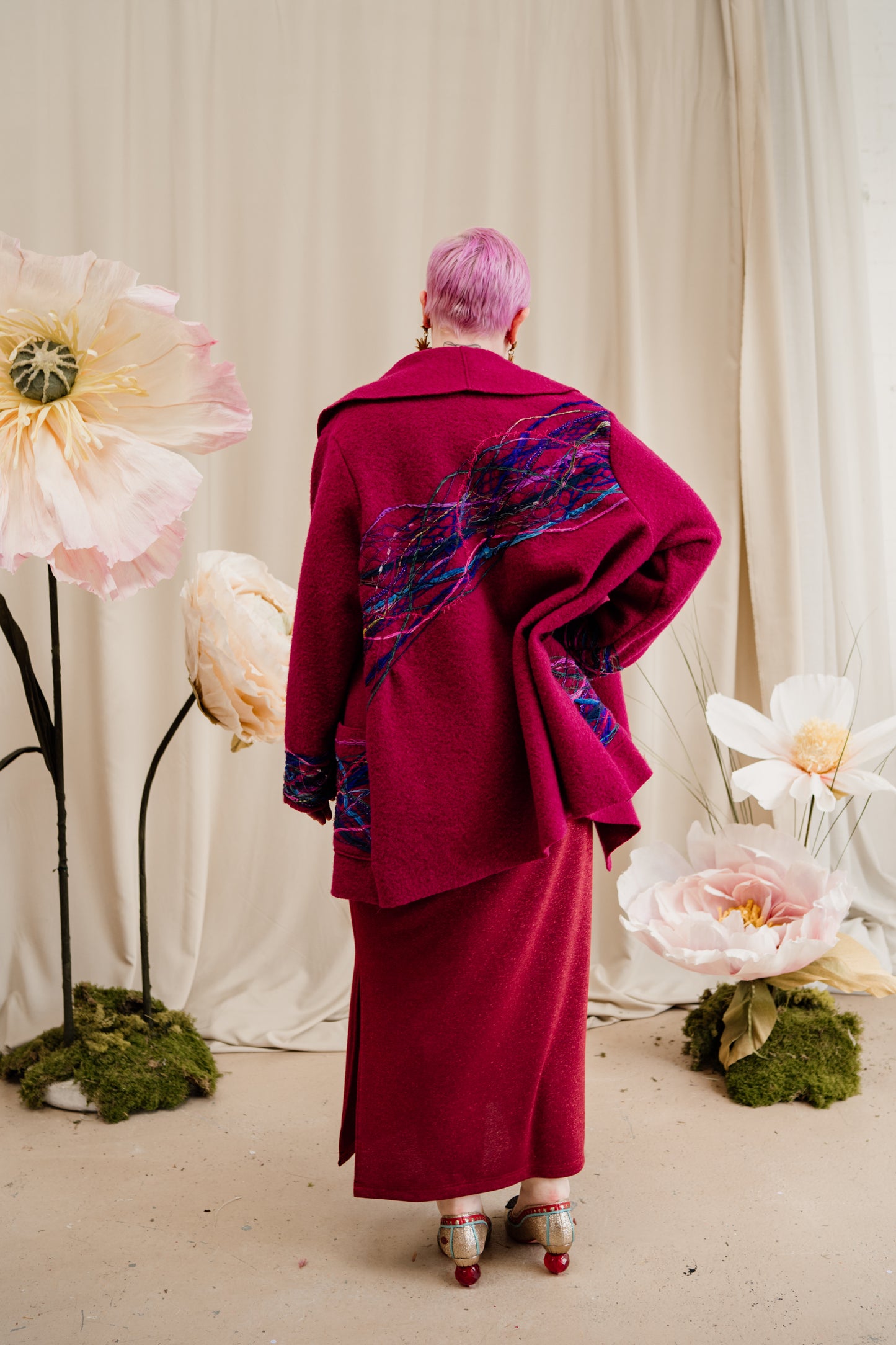 Embellished Short Wool Coat in Cherry