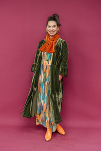 Velvet Ruffle Maxi Cardigan in Dark Olive