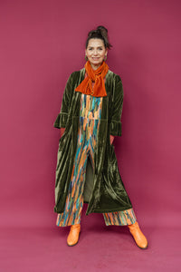 Velvet Ruffle Maxi Cardigan in Dark Olive