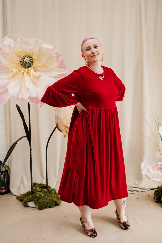 Velvet Ruffle Smock Dress in Red