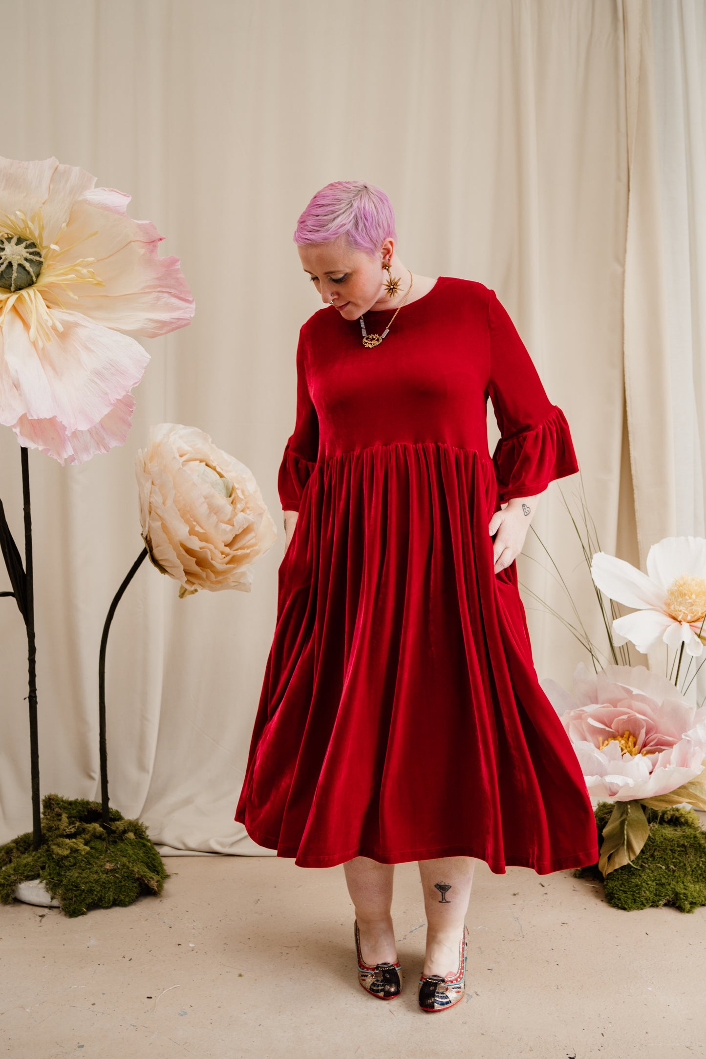 Velvet Ruffle Smock Dress in Red