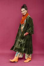 Load image into Gallery viewer, Velvet Ruffle Maxi Cardigan in Dark Olive