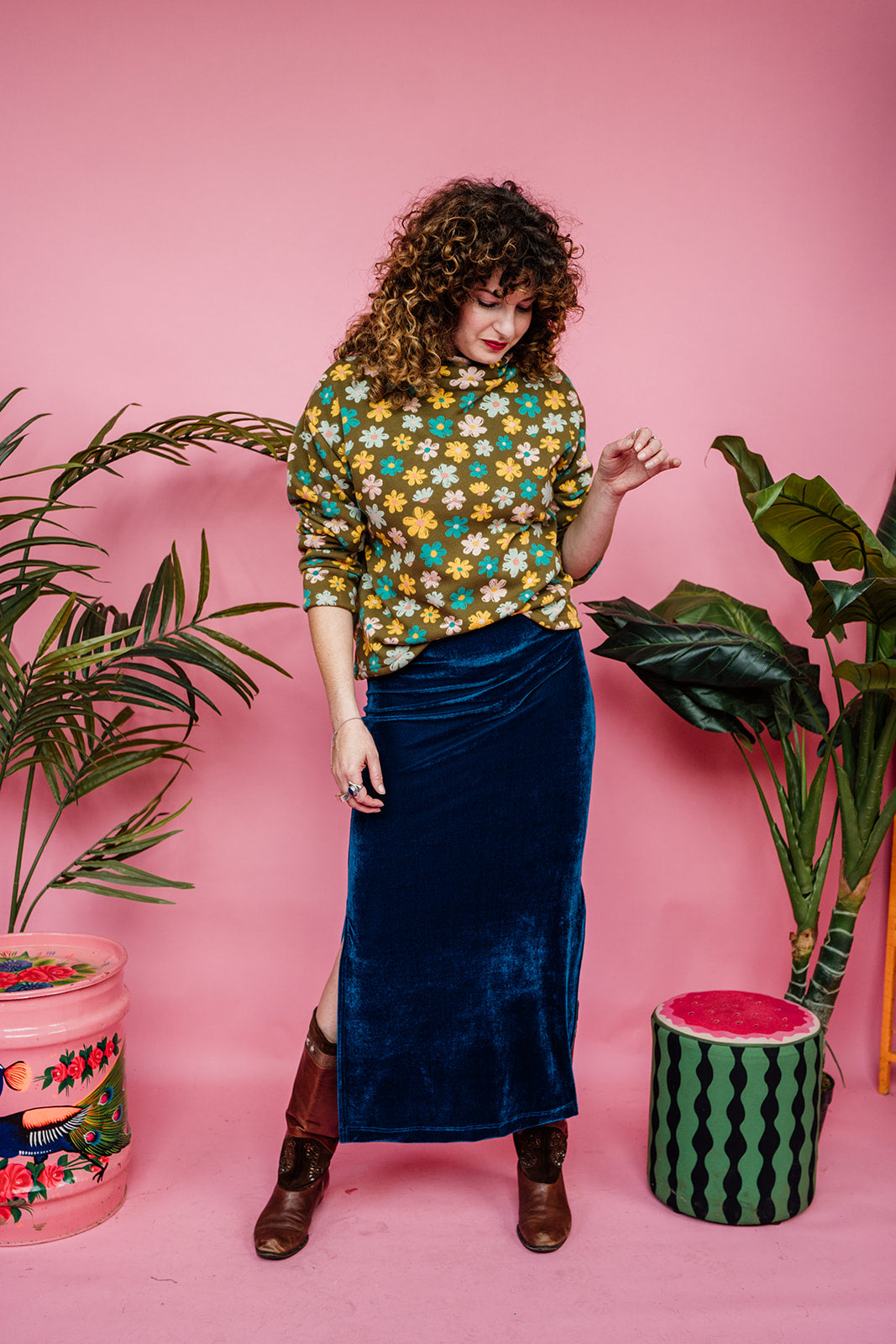 Maxi Velvet Side Split Skirt in Teal