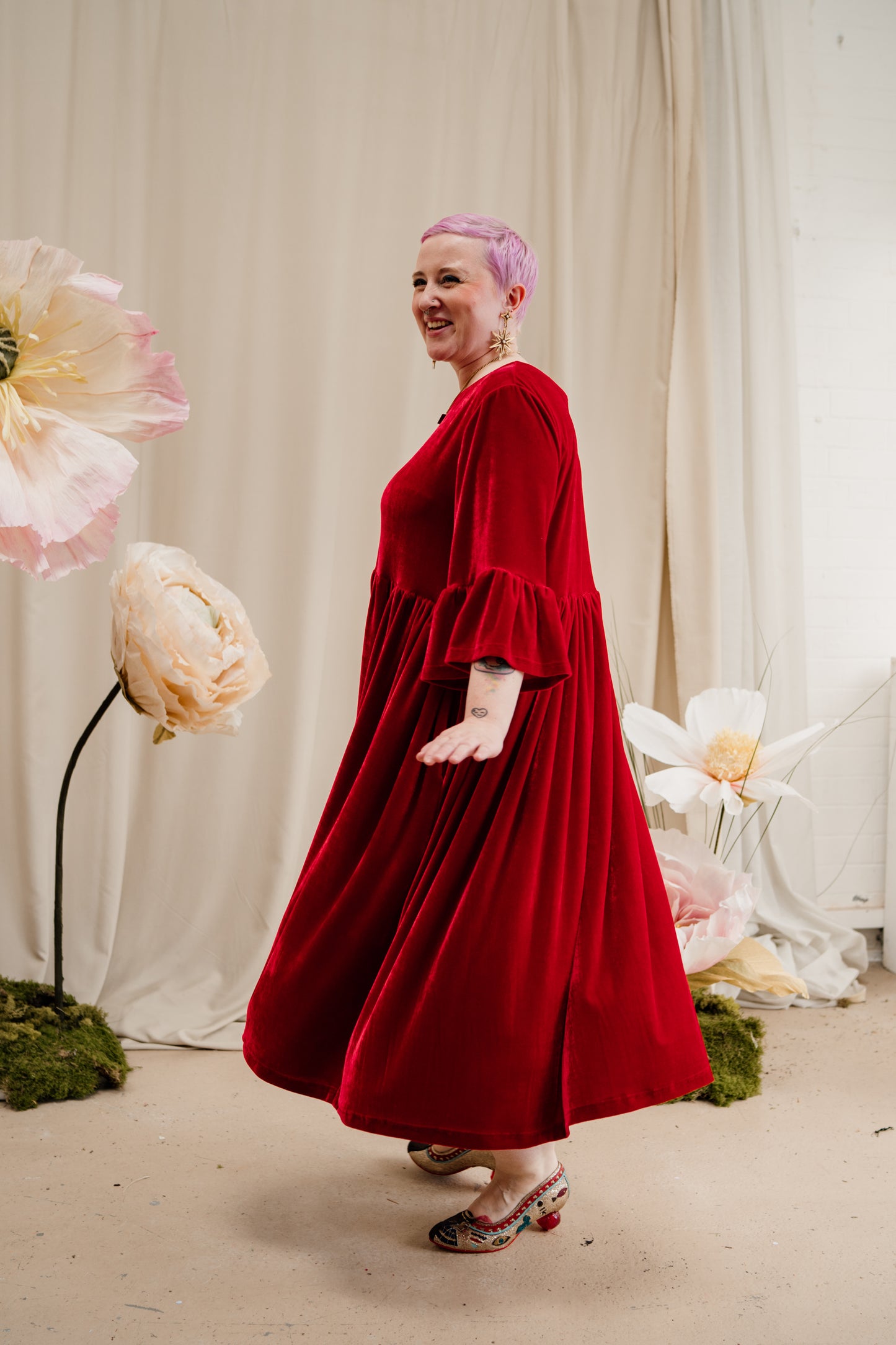 Velvet Ruffle Smock Dress in Red