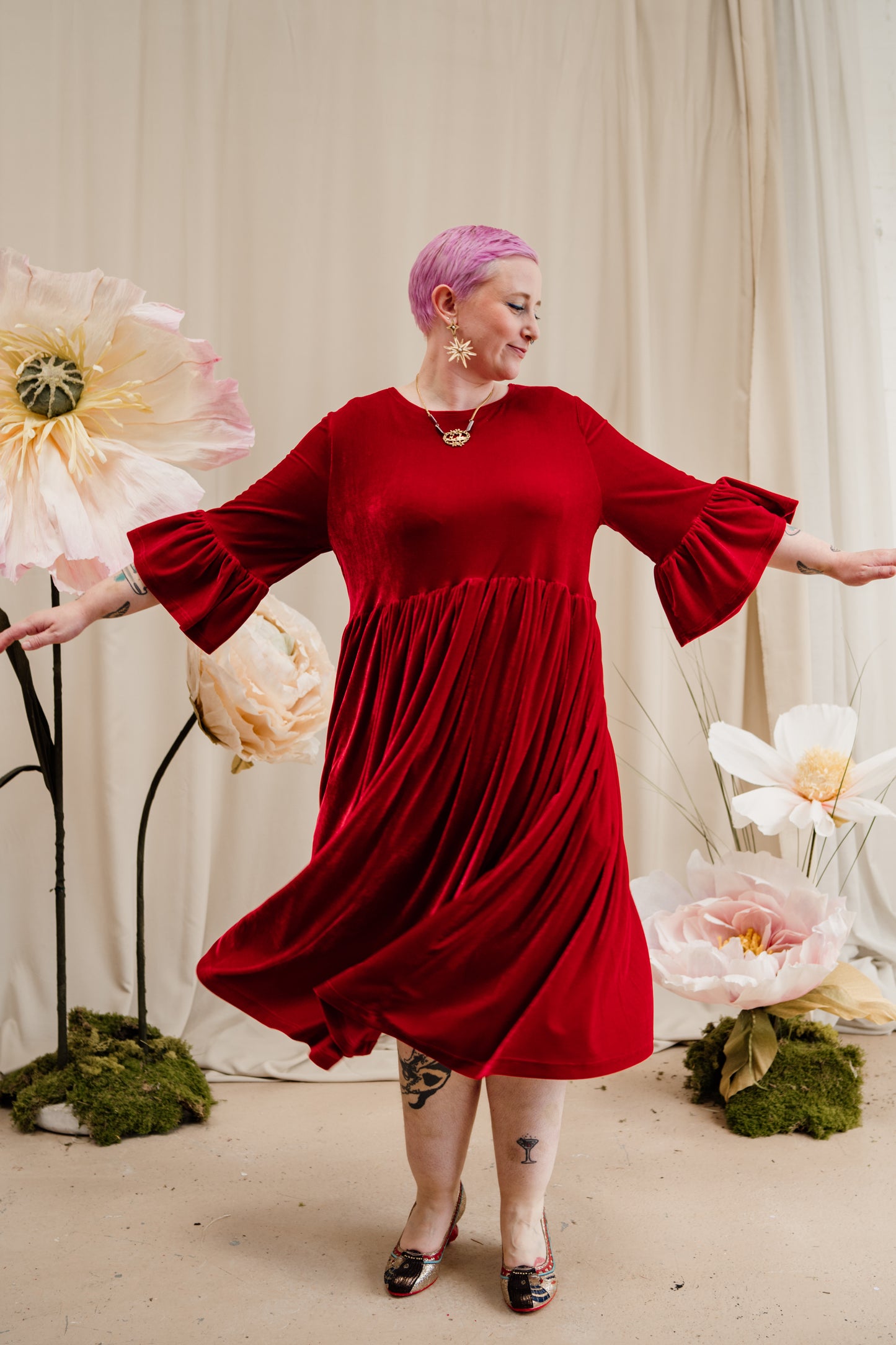 Velvet Ruffle Smock Dress in Red