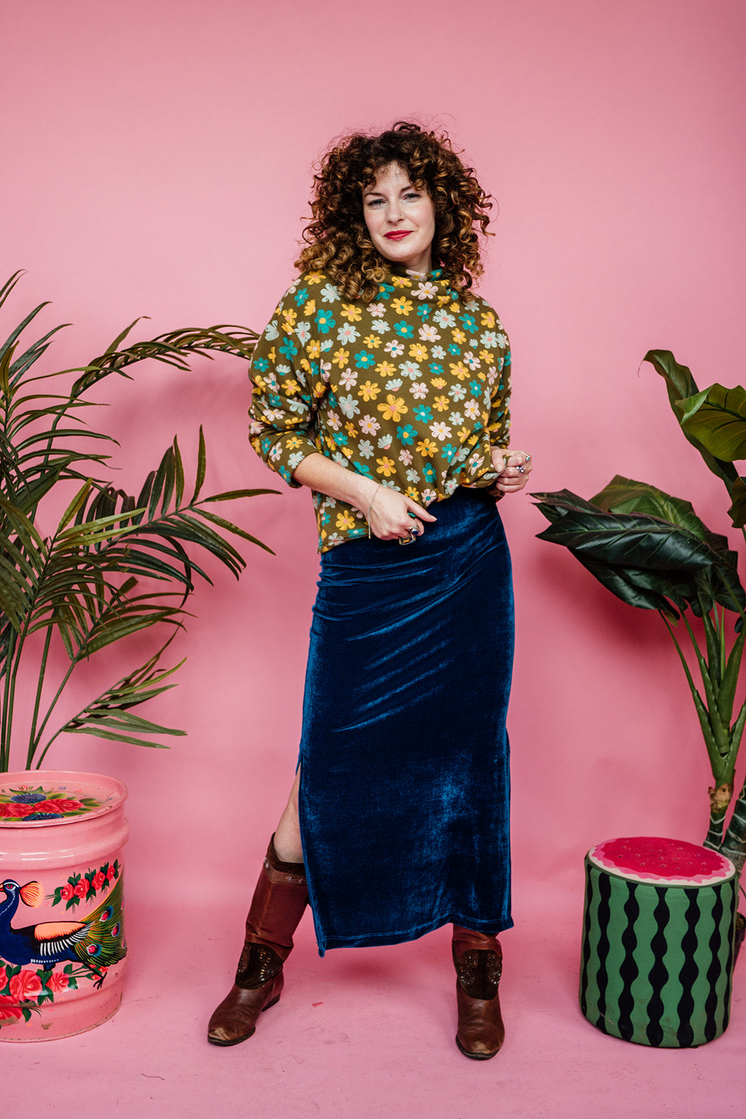 Maxi Velvet Side Split Skirt in Teal