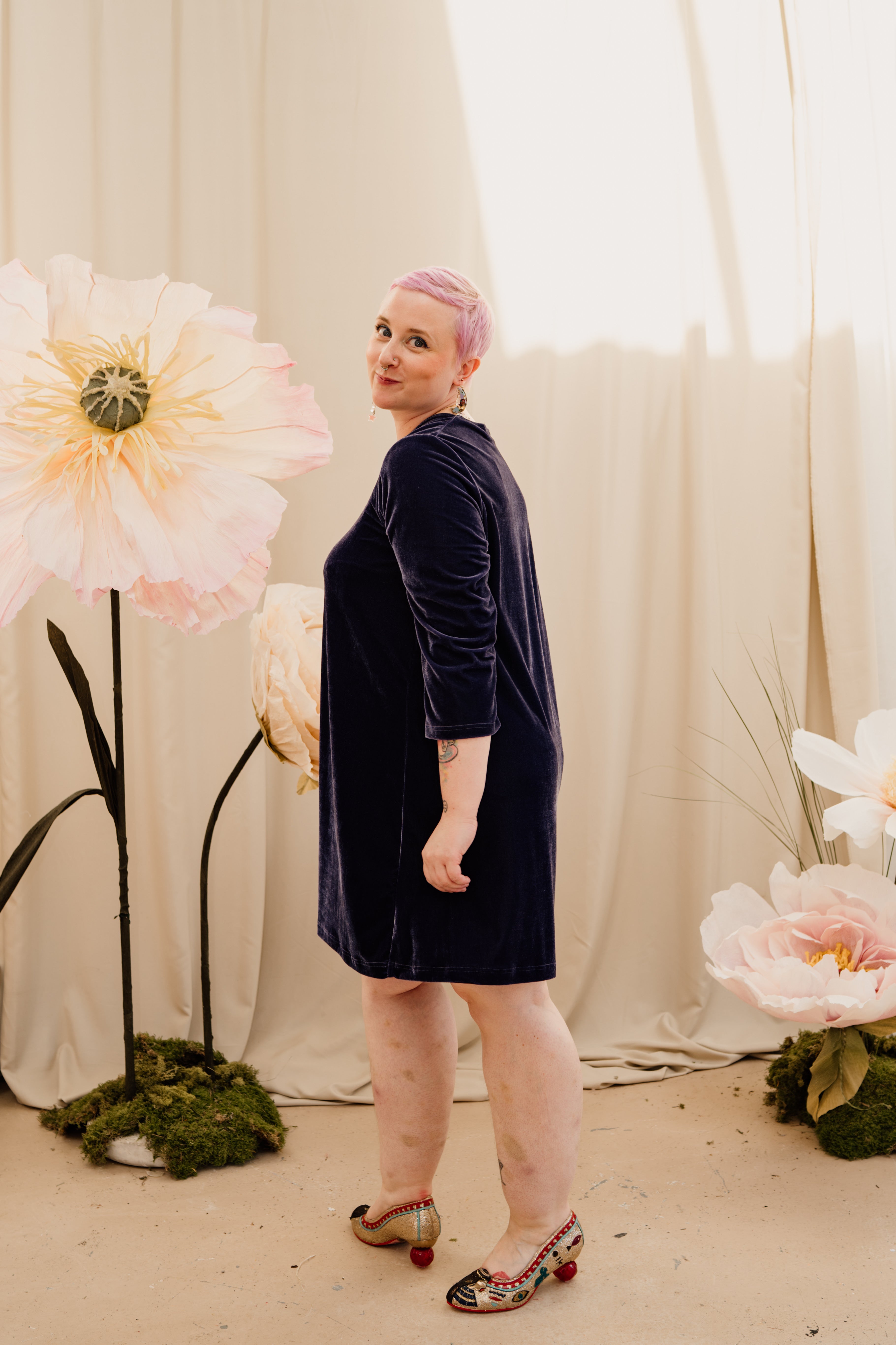 SALE- Velvet Swing Dress in Lavender Grey M - Megan Crook