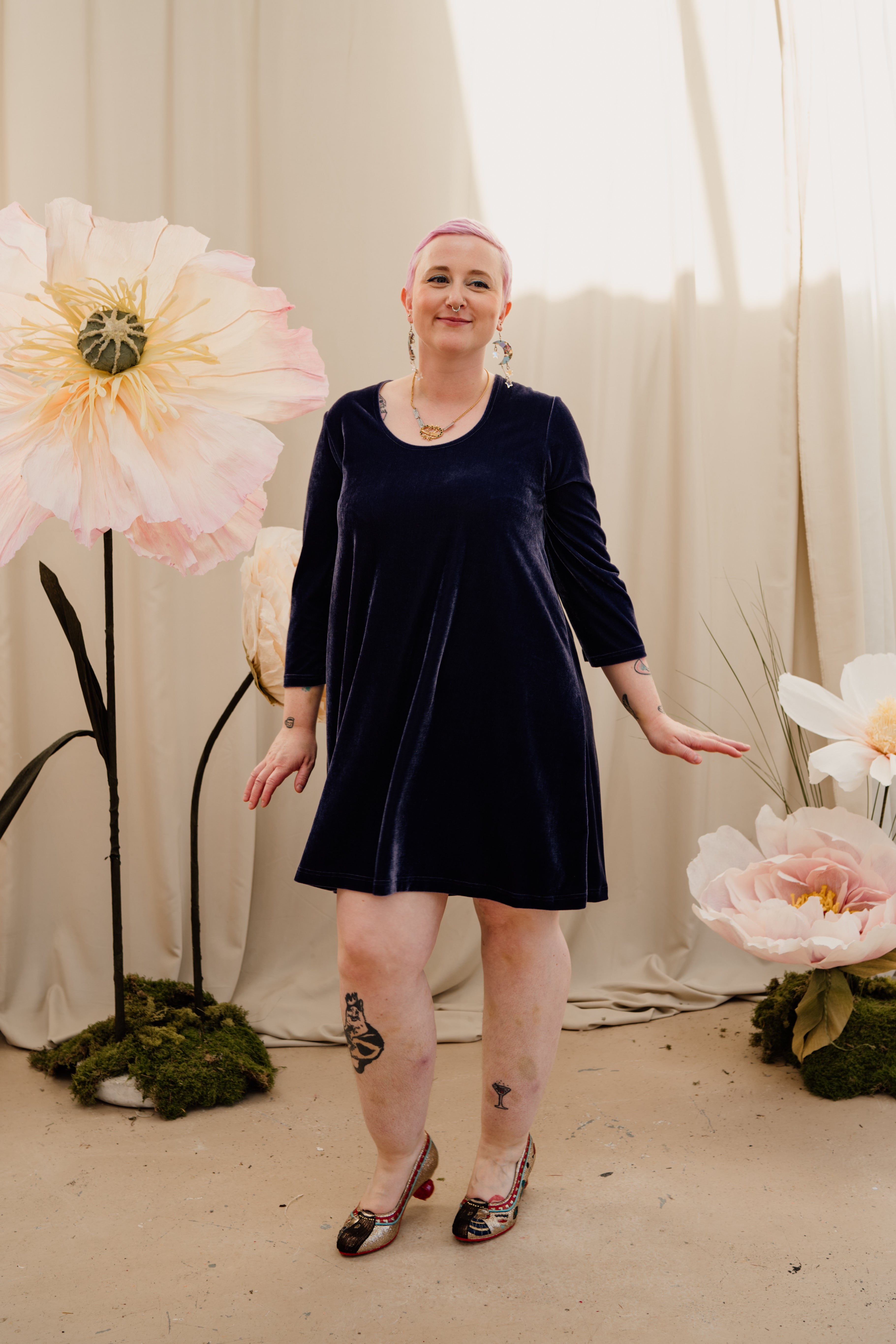 SALE- Velvet Swing Dress in Lavender Grey M - Megan Crook