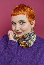 Load image into Gallery viewer, Jersey Snood in Purple Floral Embroidery