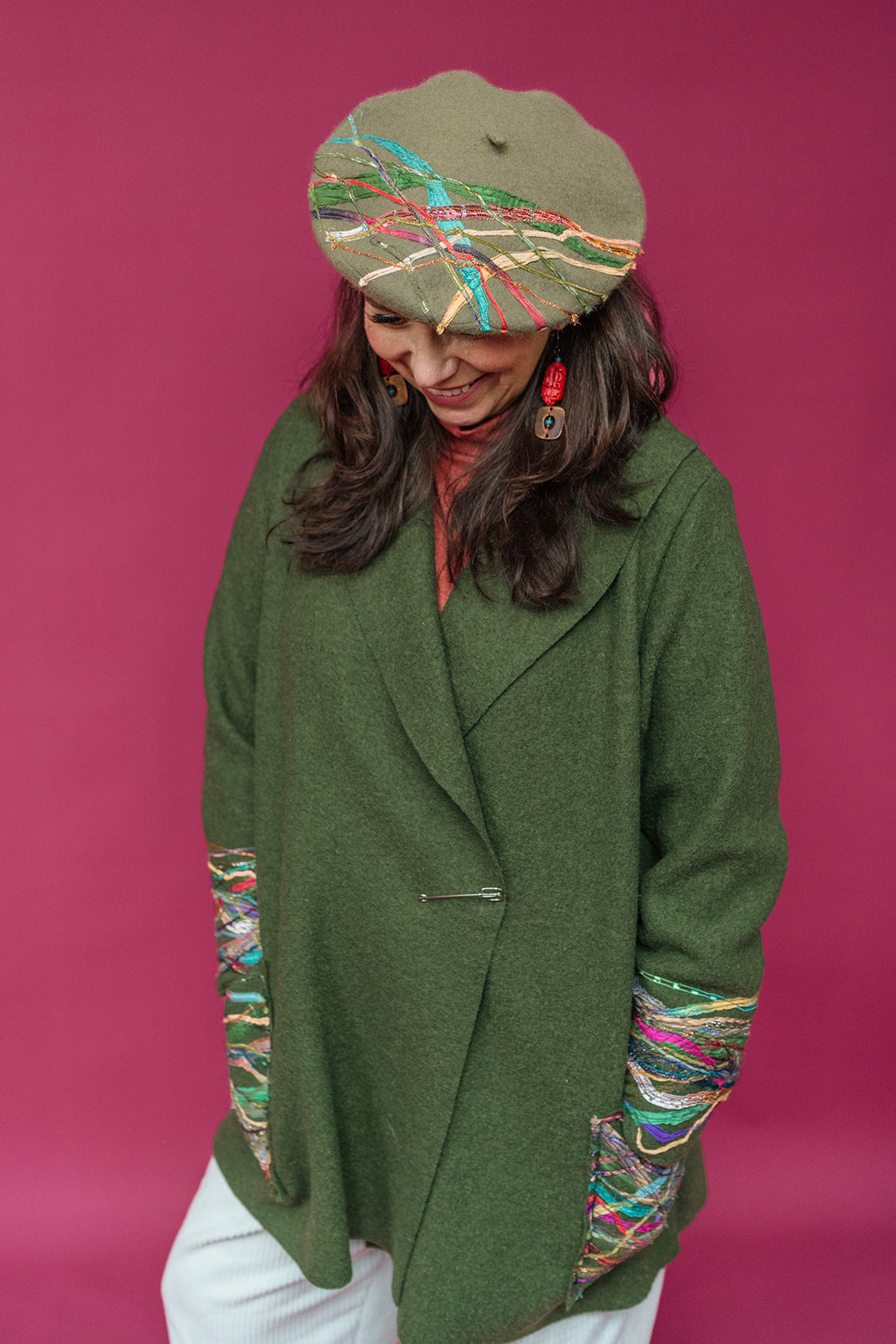 Embellished Beret in Dark Olive