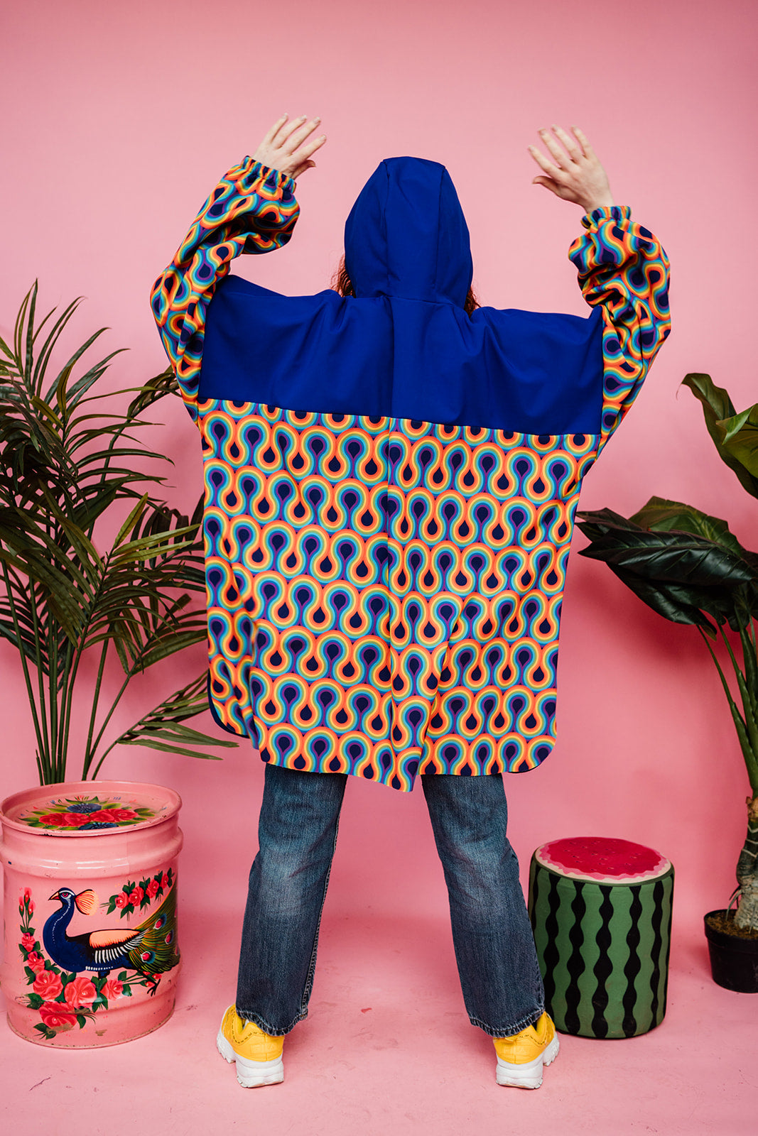 Rain Poncho in Blue/Rainbow Print