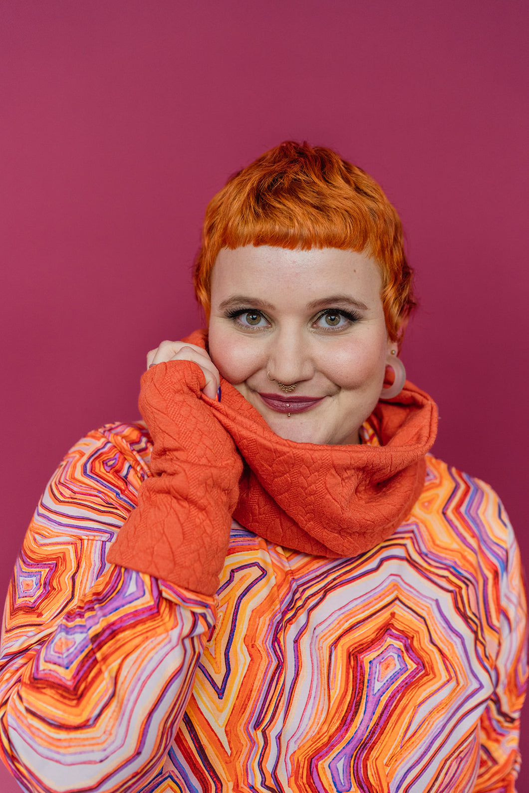 Cable Knit Jersey Cowl and Wrist Warmers Set in Orange