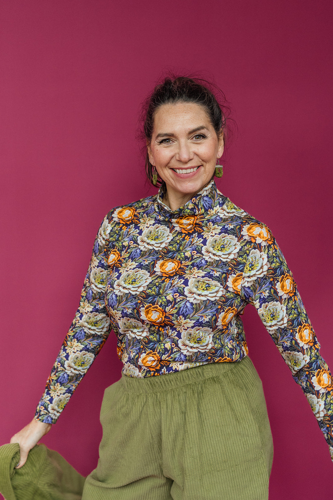 Long Sleeved Mock Turtleneck in Purple  Embroidered Floral - Megan Crook