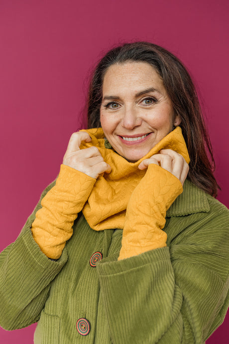 Cable Knit Jersey Cowl and Wrist Warmers Set in Mustard